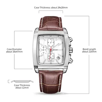 MEGIR Watch Men Business Wristwatch Rectangle Quartz Military Watches Waterproof Luminous Leather Strap Sport Casual Clock Reloj Hombre 2028