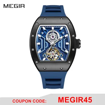 MEGIR Automatic Mechanical Watches for Men Waterproof Tonneau Skeleton Dial Sport Wristwatch Clock Steel Case Silicone 9190-28