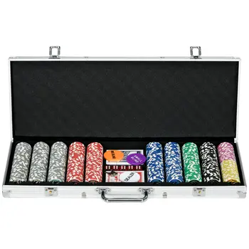 Mallette de Poker Coffret de Poker Complet avec 500 jetons 5 dés 2 Jeux de Cartes 3 boutons 1 Tapis en Feutre