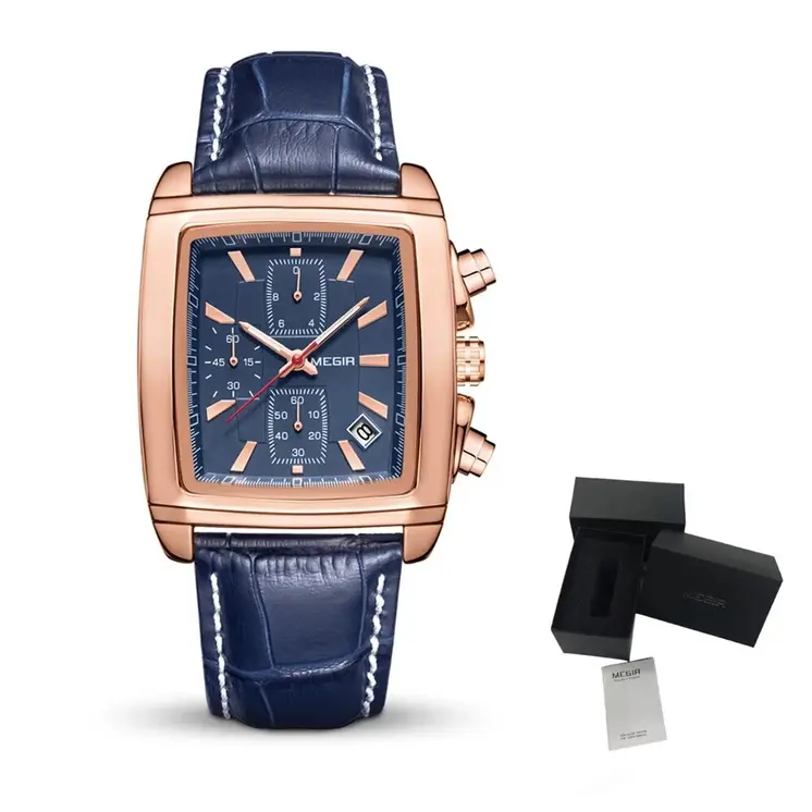 MEGIR Watch Men Business Wristwatch Rectangle Quartz Military Watches Waterproof Luminous Leather Strap Sport Casual Clock Reloj Hombre 2028