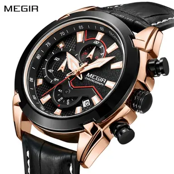 MEGIR Luxury Brand Military Sport Watches for Men Leather Strap Quartz Wristwatch Waterproof Date Chronograph Reloj Hombre 2065
