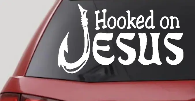Hooked On Jesus Fish Hook Christian Car Truck Window Decal Sticker Vinyl